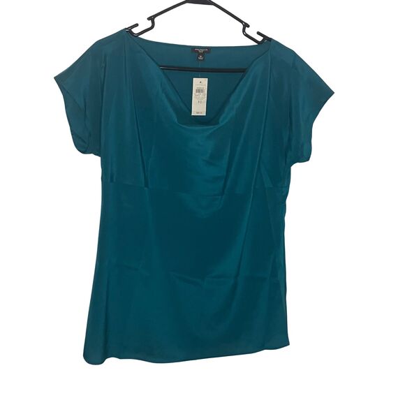 Ann Taylor Silk Blouse Size 10 Teal - NWT Cowl Neck Cap Sleeve - Picture 5 of 7